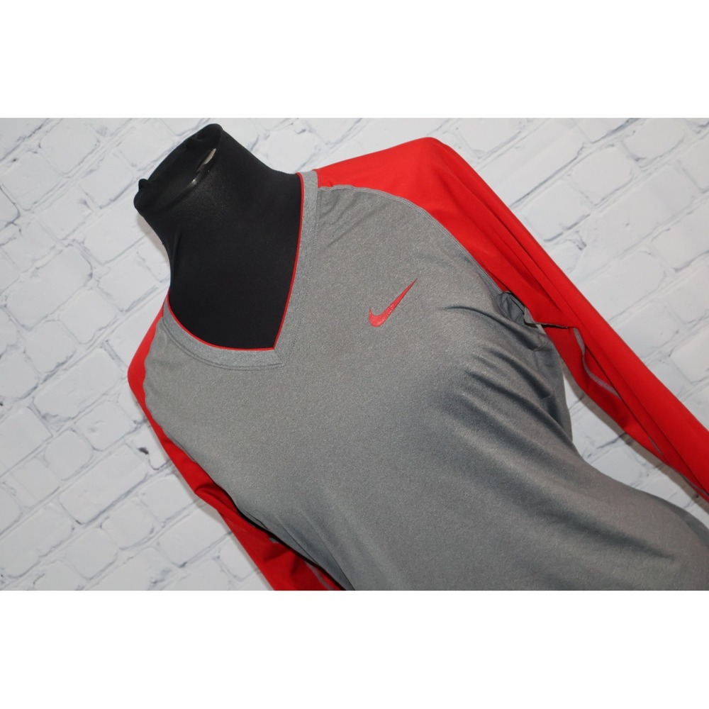 Nike Pro Gym Shirt Women XL Gray Red Long Sleeve V-Neck Dri-Fit Fitted Polyester